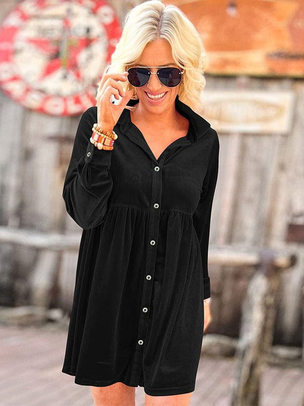 Elegant Style Velvet Dress with High Waist and Shirt Collar