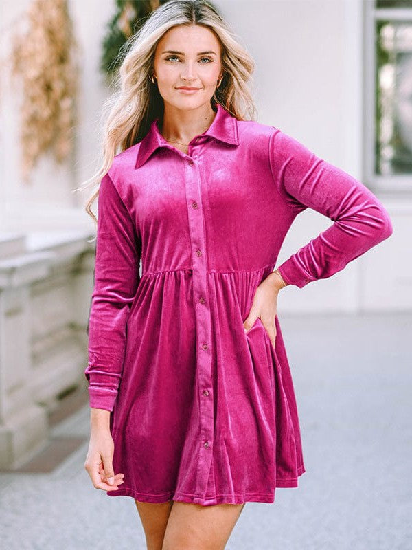 Elegant Style Velvet Dress with High Waist and Shirt Collar