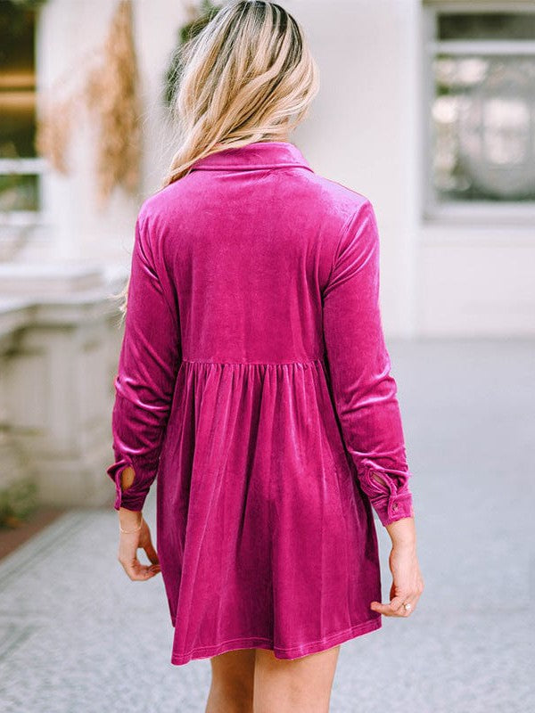 Elegant Style Velvet Dress with High Waist and Shirt Collar