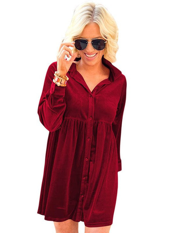 Elegant Style Velvet Dress with High Waist and Shirt Collar