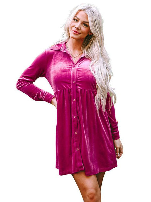 Elegant Style Velvet Dress with High Waist and Shirt Collar