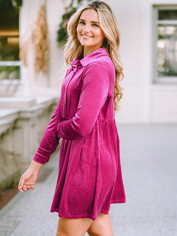 Elegant Style Velvet Dress with High Waist and Shirt Collar