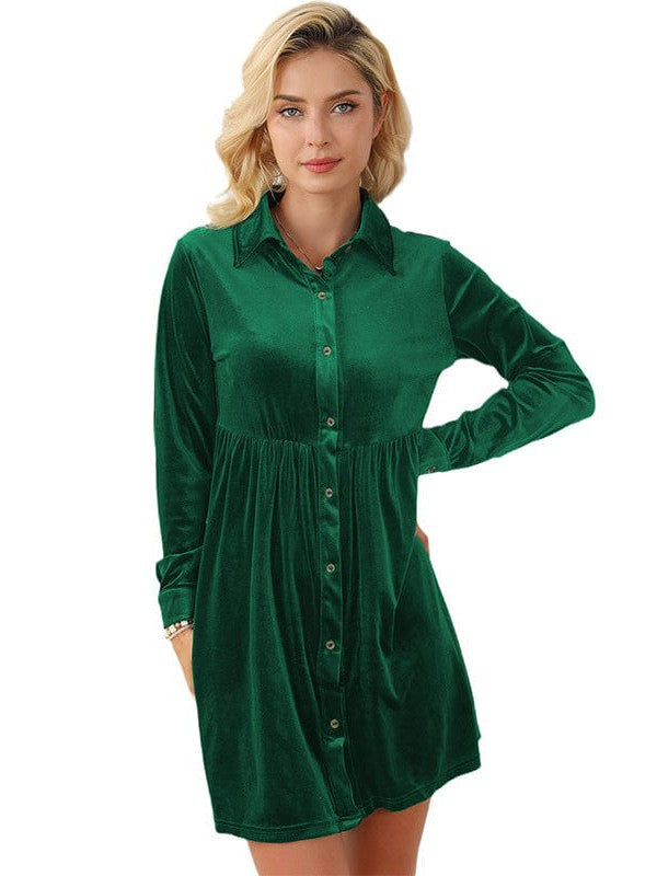 Elegant Style Velvet Dress with High Waist and Shirt Collar