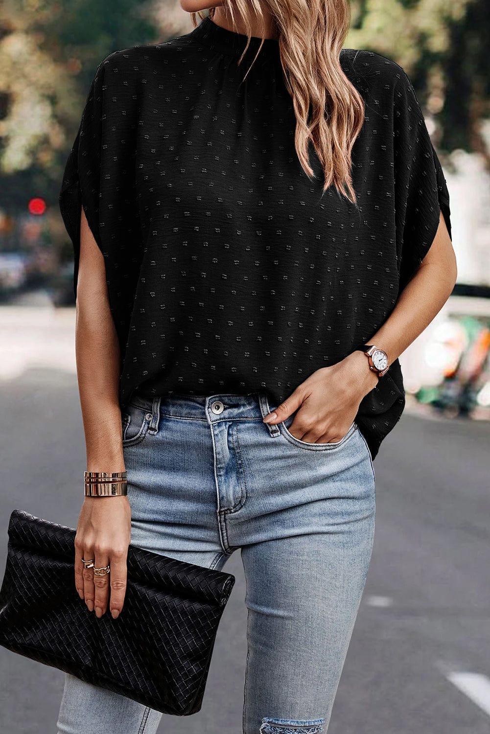 Elegant Swiss Dot Black Blouse with Batwing Sleeves