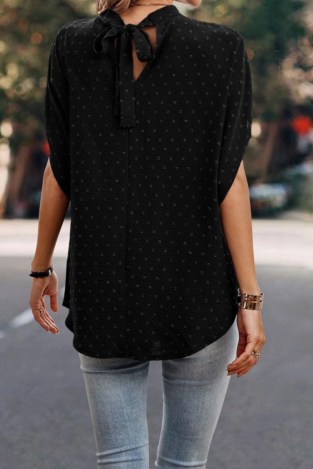 Elegant Swiss Dot Black Blouse with Batwing Sleeves