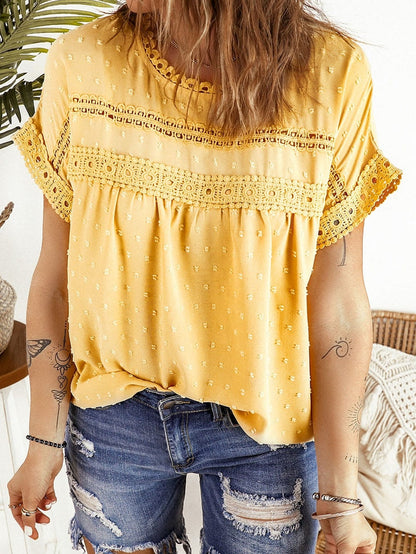 Elegant Swiss Dot Lace Accent Short Sleeve Blouse