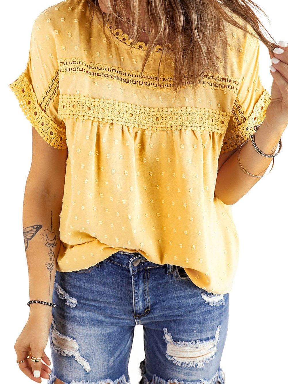 Elegant Swiss Dot Lace Accent Short Sleeve Blouse