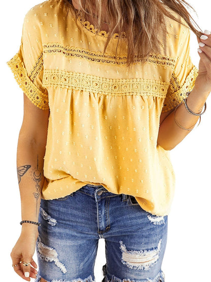 Elegant Swiss Dot Lace Accent Short Sleeve Blouse