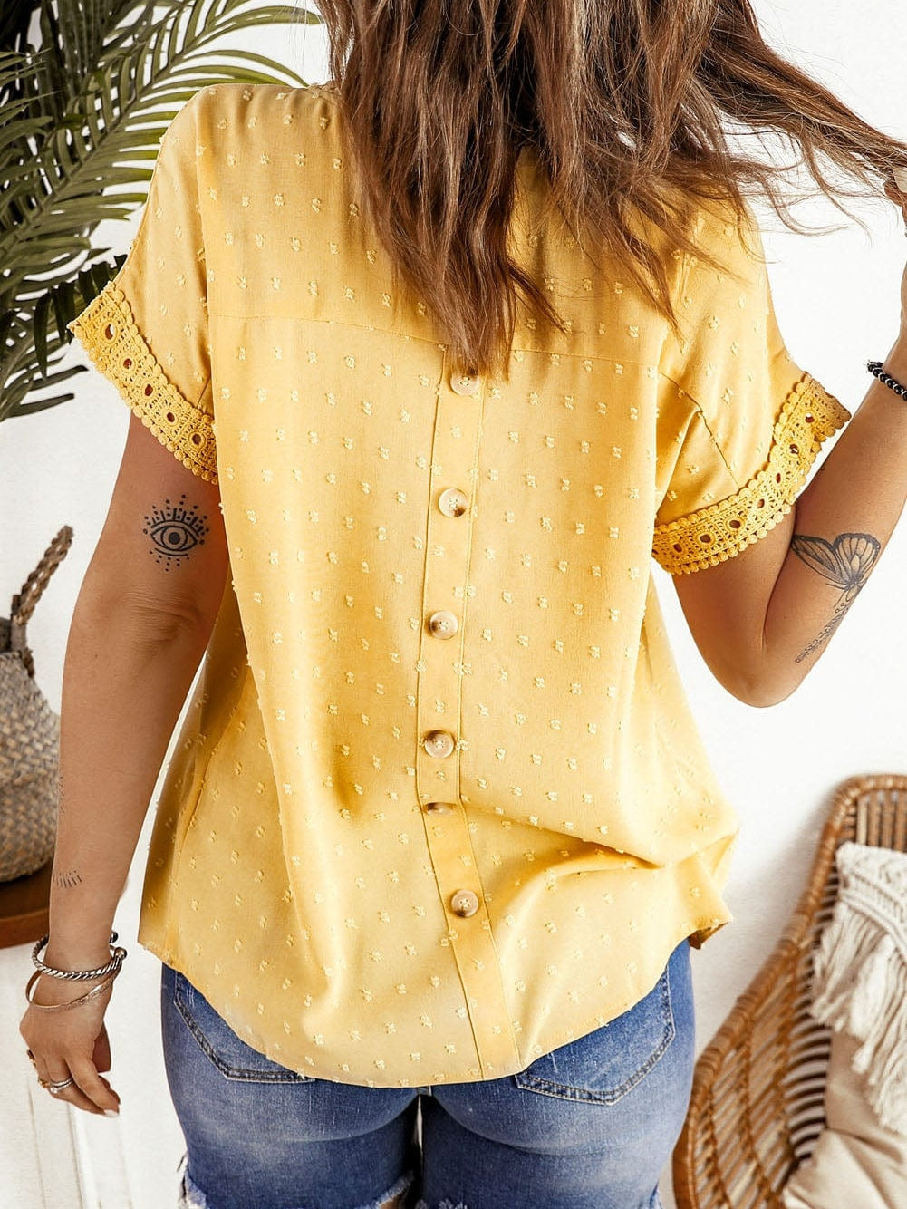 Elegant Swiss Dot Lace Accent Short Sleeve Blouse