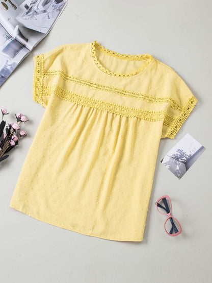 Elegant Swiss Dot Lace Accent Short Sleeve Blouse
