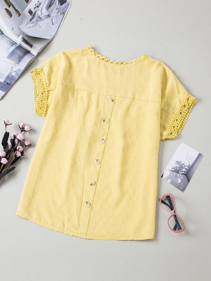 Elegant Swiss Dot Lace Accent Short Sleeve Blouse