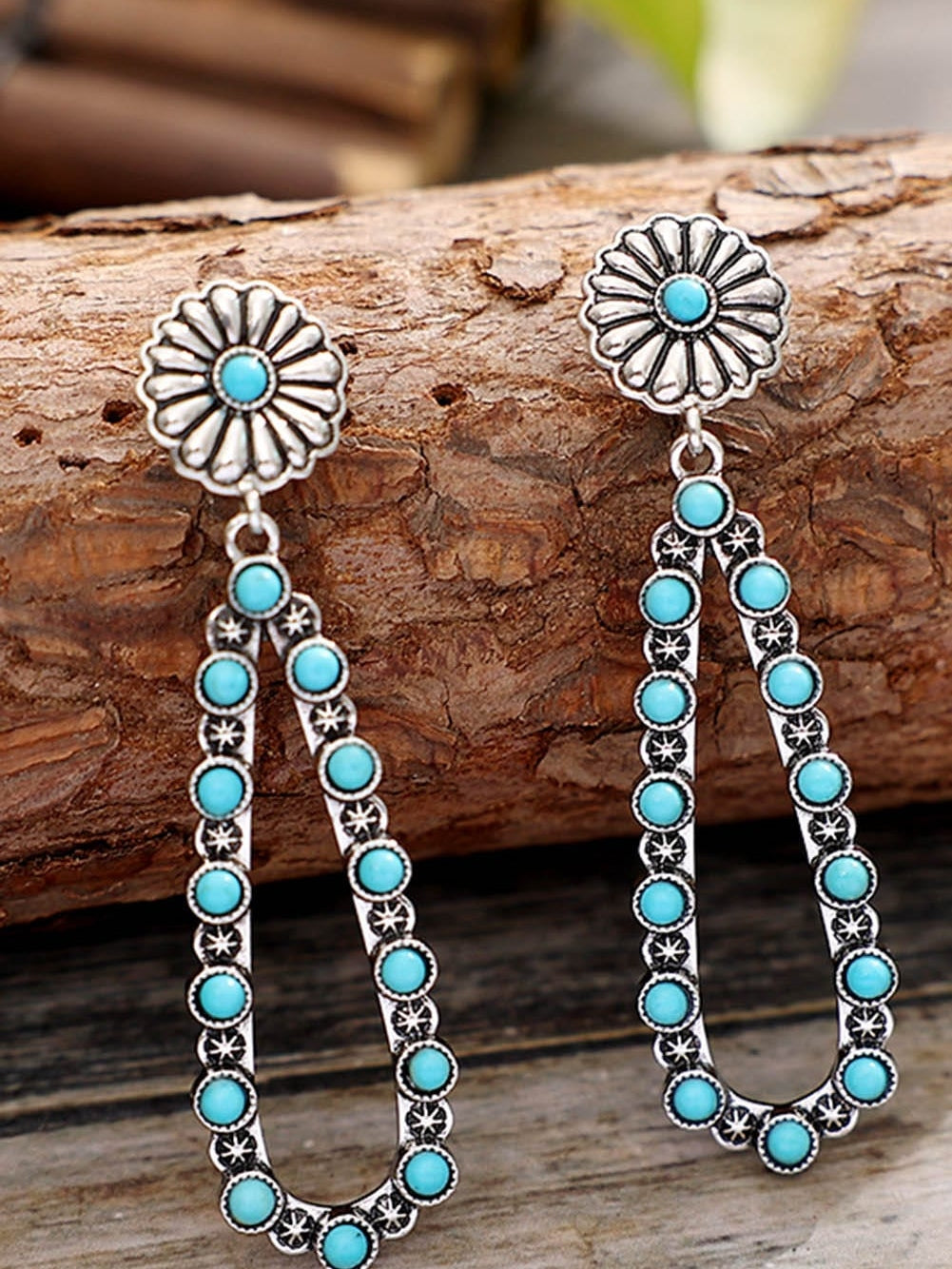 Elegant Turquoise Floral Alloy Earrings