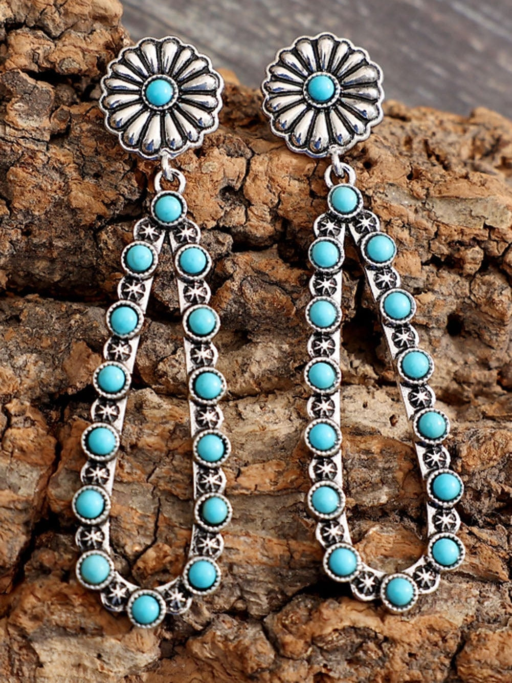 Elegant Turquoise Floral Alloy Earrings