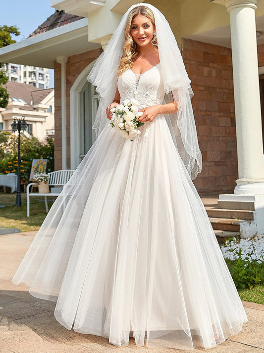 Elegant V-Neck A-Line Wedding Gown with Spaghetti Straps