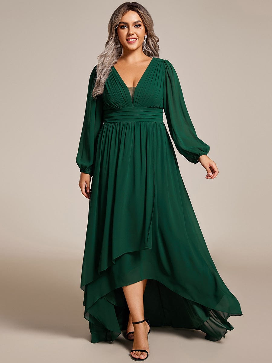 Elegant V-Neck Chiffon Evening Gown with Lantern Sleeves