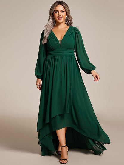 Elegant V-Neck Chiffon Evening Gown with Lantern Sleeves