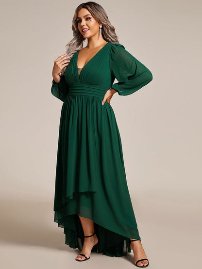 Elegant V-Neck Chiffon Evening Gown with Lantern Sleeves