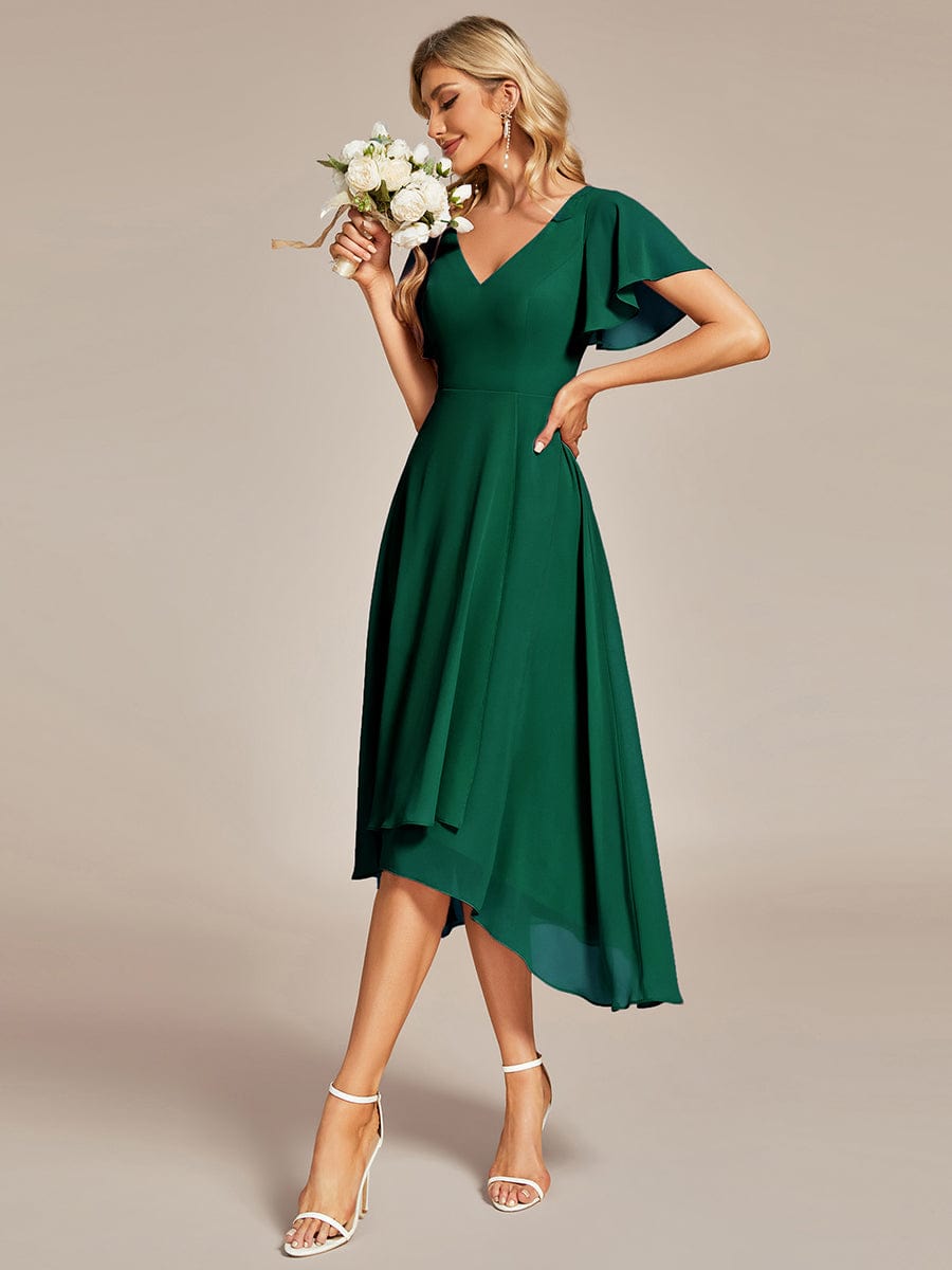 Elegant V-Neck Chiffon Ruffled High Low Evening Gown