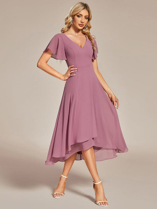 Elegant V-Neck Chiffon Ruffled High Low Evening Gown
