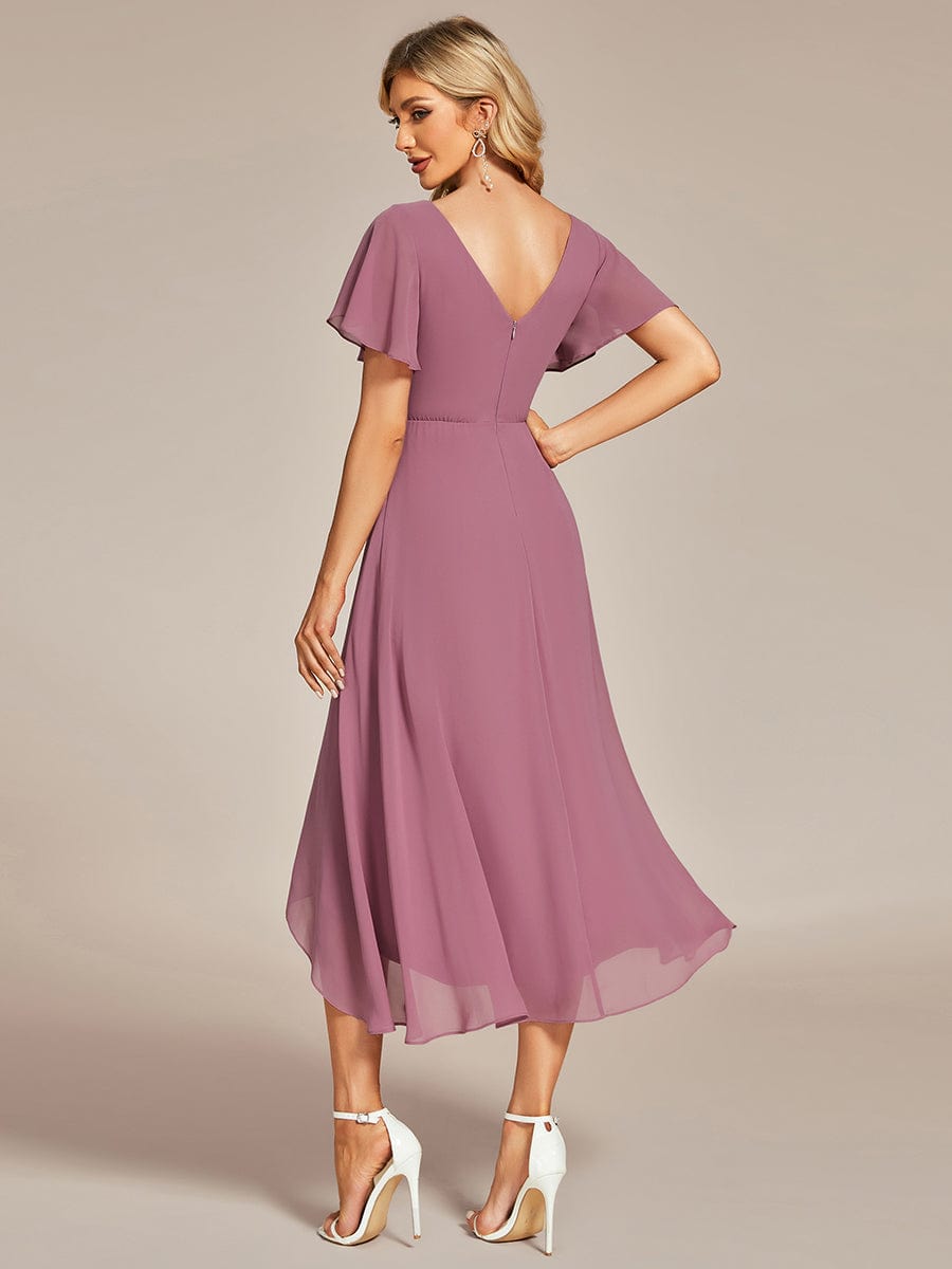 Elegant V-Neck Chiffon Ruffled High Low Evening Gown
