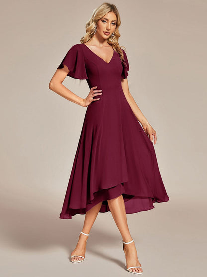 Elegant V-Neck Chiffon Ruffled High Low Evening Gown