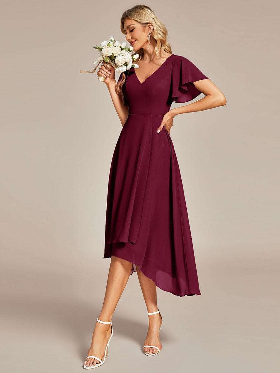 Elegant V-Neck Chiffon Ruffled High Low Evening Gown