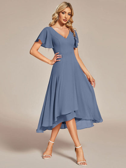 Elegant V-Neck Chiffon Ruffled High Low Evening Gown