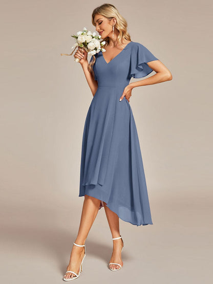 Elegant V-Neck Chiffon Ruffled High Low Evening Gown