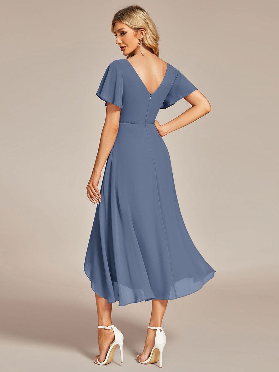 Elegant V-Neck Chiffon Ruffled High Low Evening Gown