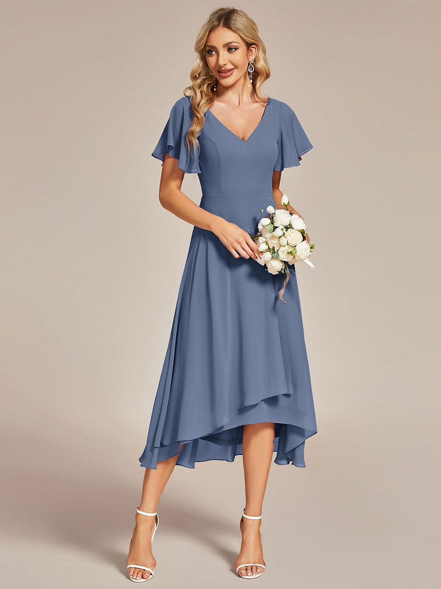 Elegant V-Neck Chiffon Ruffled High Low Evening Gown