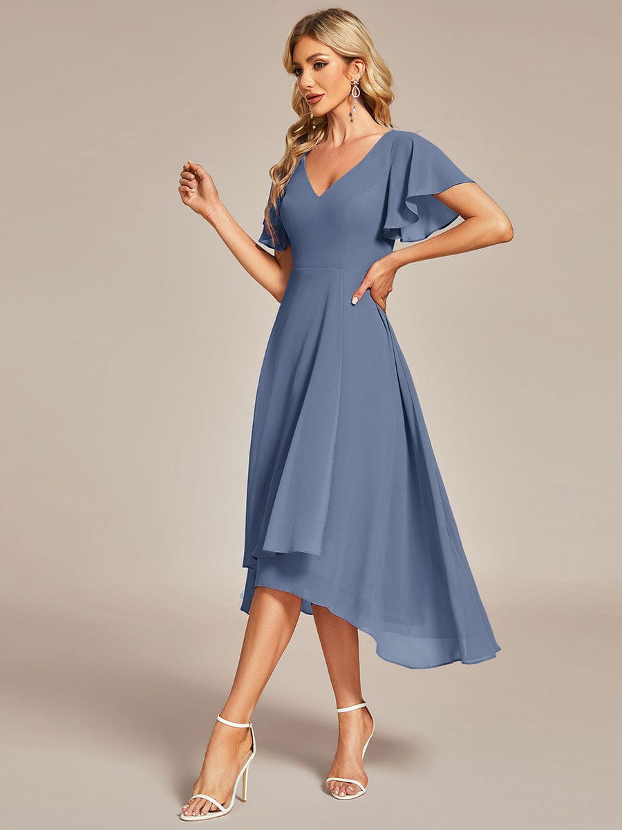 Elegant V-Neck Chiffon Ruffled High Low Evening Gown