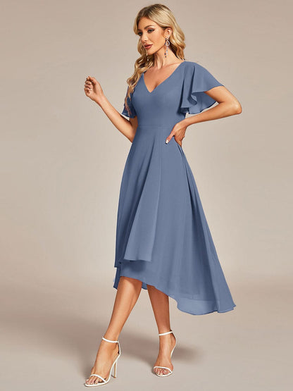 Elegant V-Neck Chiffon Ruffled High Low Evening Gown