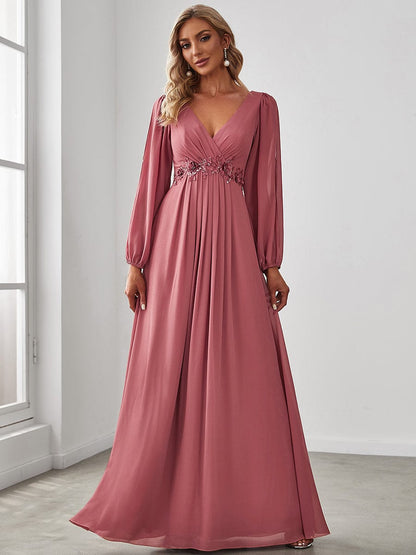 Elegant V-Neck Formal Dress with Long Lantern Sleeves