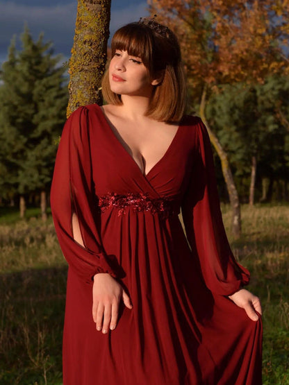 Elegant V-Neck Formal Dress with Long Lantern Sleeves