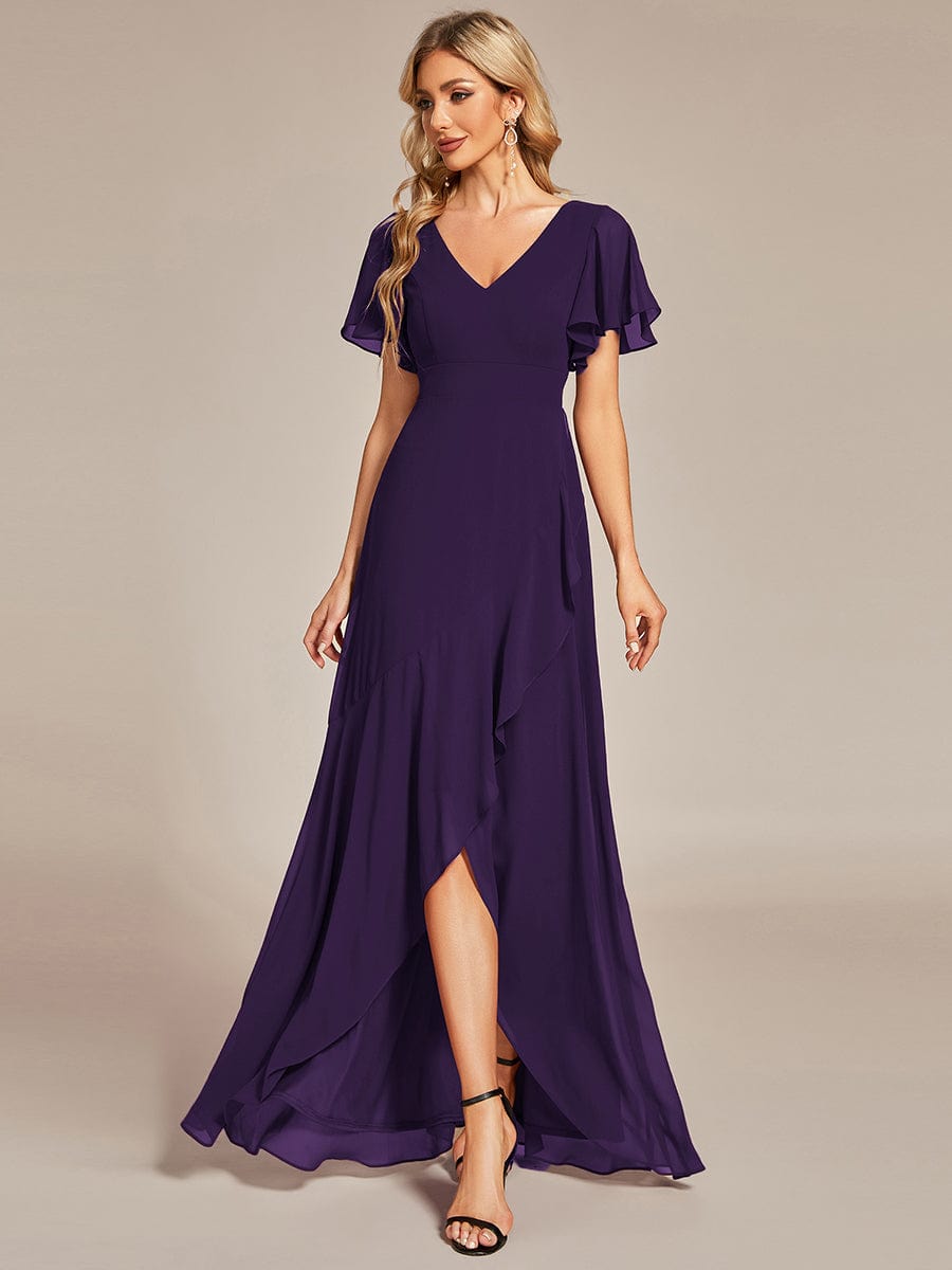 Elegant V Neck High Low Ruffled Chiffon Bridesmaid Gowns