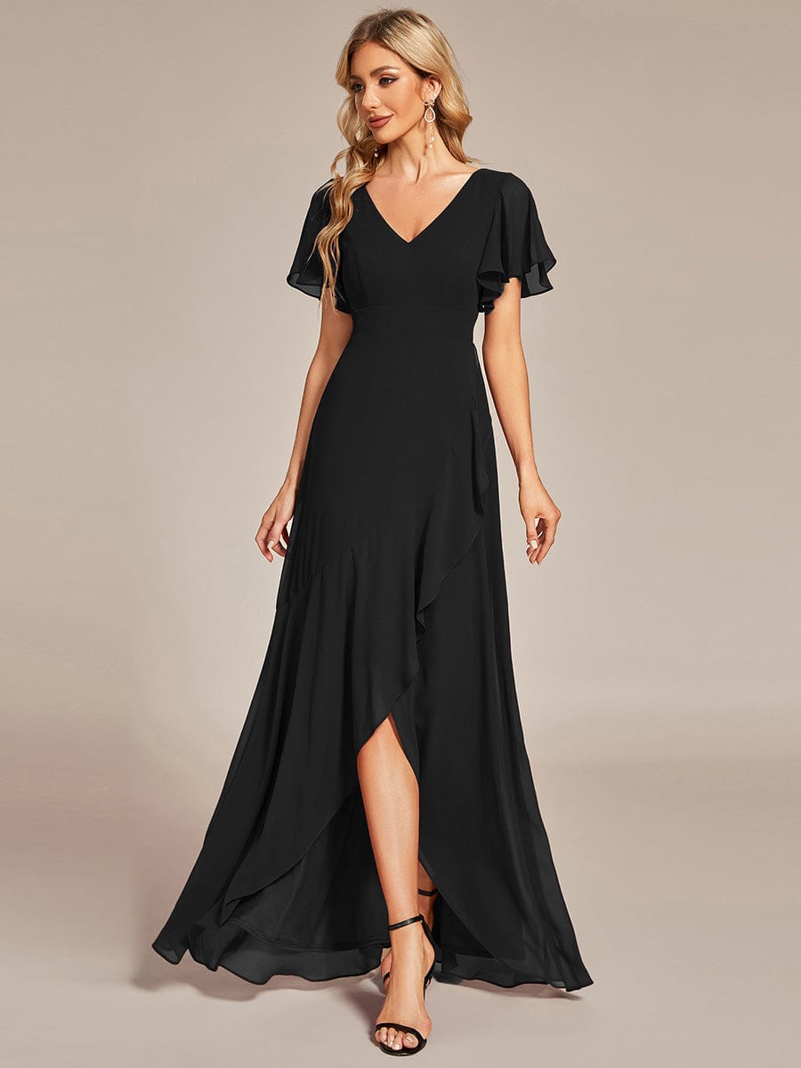 Elegant V Neck High Low Ruffled Chiffon Bridesmaid Gowns