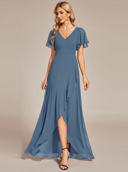 Elegant V Neck High Low Ruffled Chiffon Bridesmaid Gowns