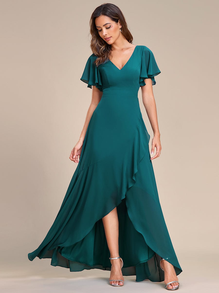 Elegant V Neck High Low Ruffled Chiffon Bridesmaid Gowns