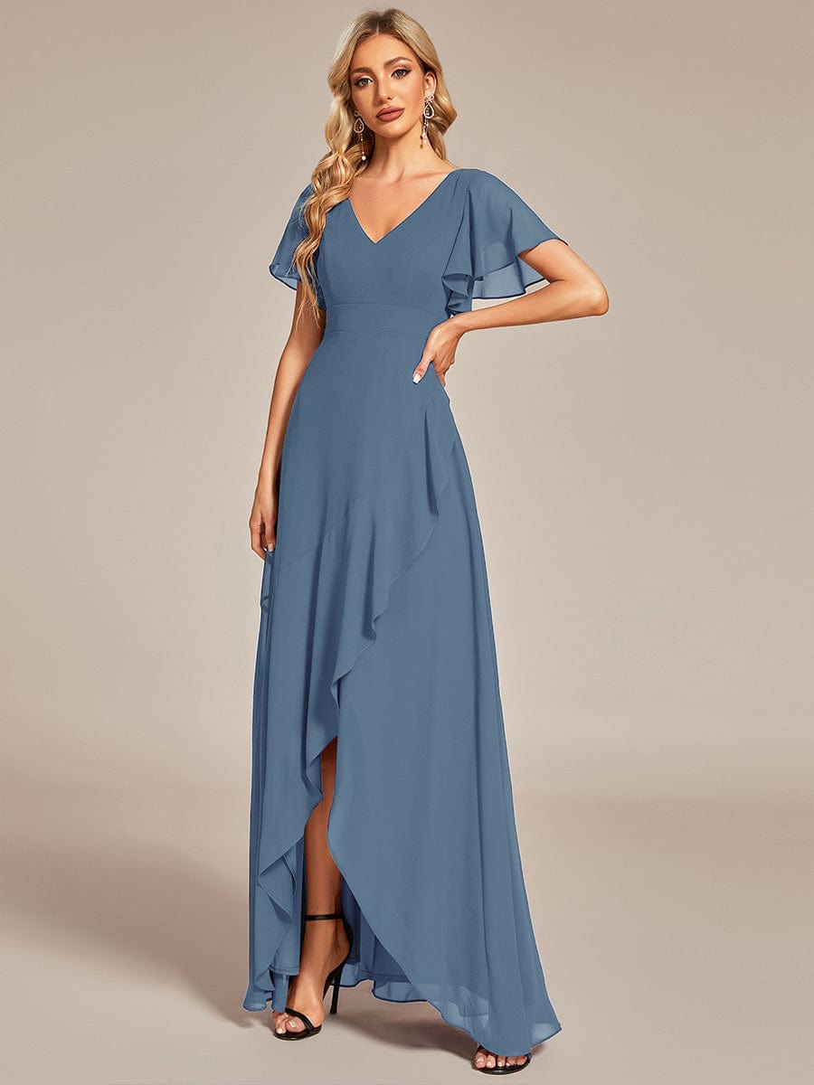 Elegant V Neck High Low Ruffled Chiffon Bridesmaid Gowns