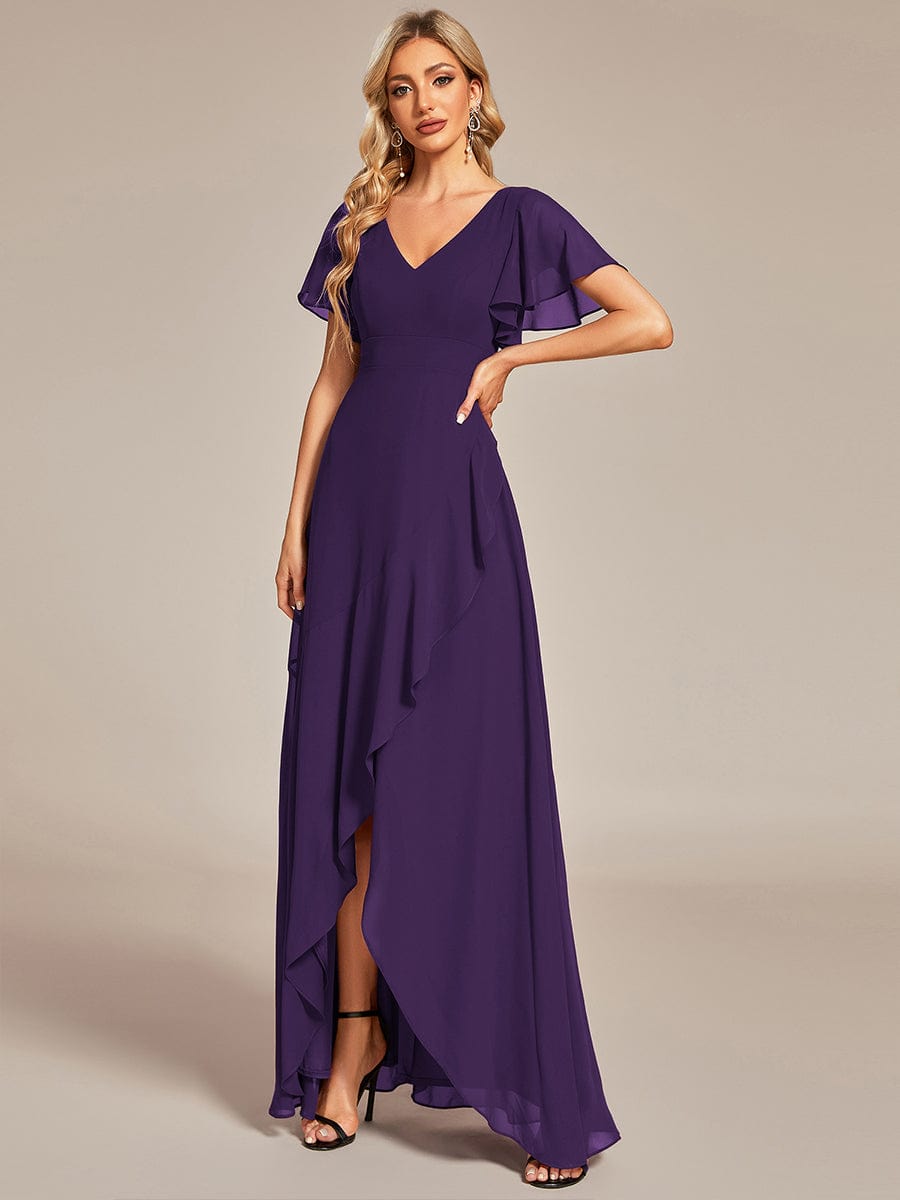 Elegant V Neck High Low Ruffled Chiffon Bridesmaid Gowns