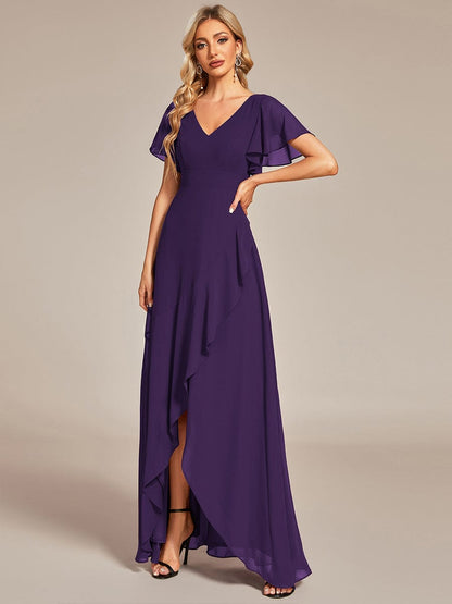Elegant V Neck High Low Ruffled Chiffon Bridesmaid Gowns