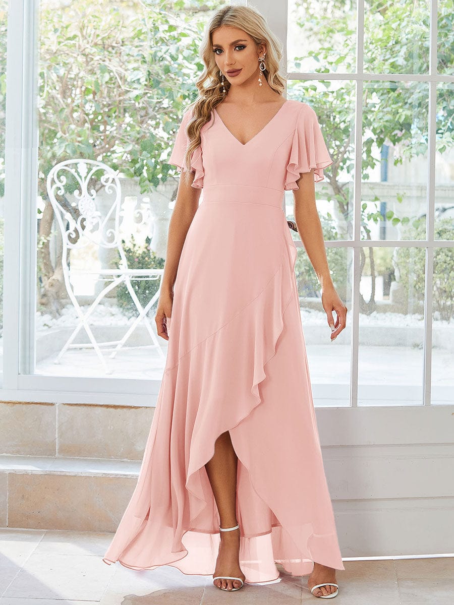 Elegant V Neck High Low Ruffled Chiffon Bridesmaid Gowns