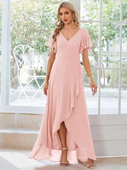 Elegant V Neck High Low Ruffled Chiffon Bridesmaid Gowns