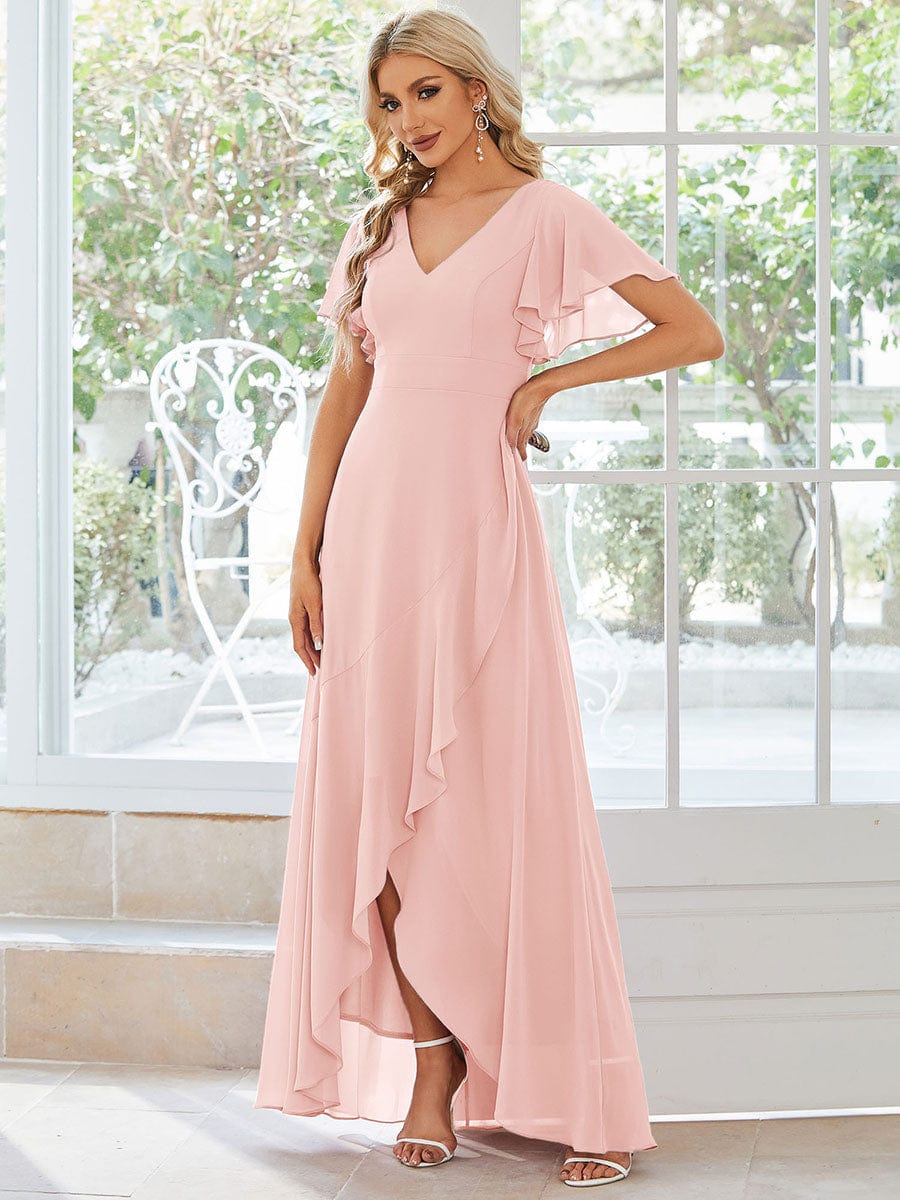 Elegant V Neck High Low Ruffled Chiffon Bridesmaid Gowns