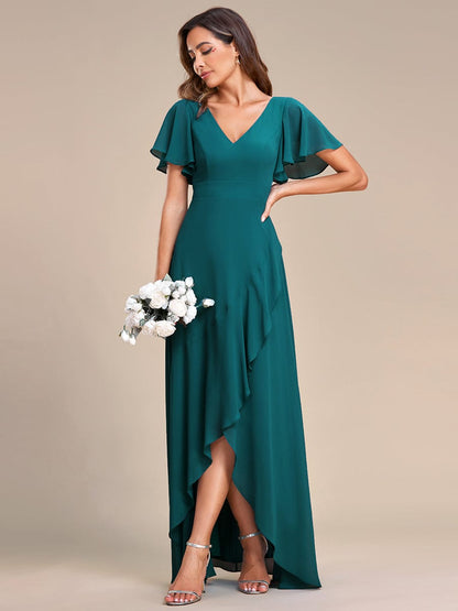 Elegant V Neck High Low Ruffled Chiffon Bridesmaid Gowns