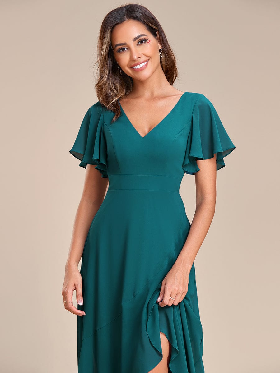 Elegant V Neck High Low Ruffled Chiffon Bridesmaid Gowns