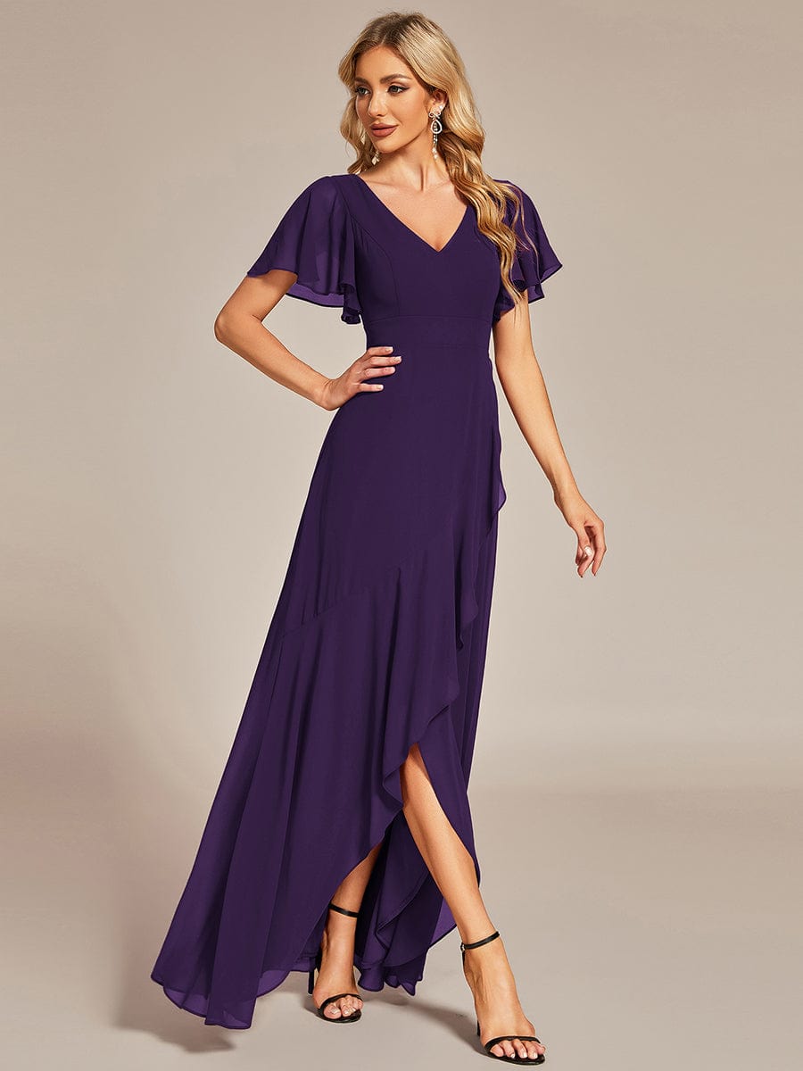 Elegant V Neck High Low Ruffled Chiffon Bridesmaid Gowns