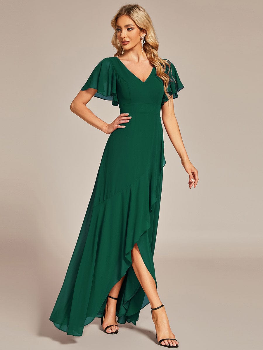 Elegant V Neck High Low Ruffled Chiffon Bridesmaid Gowns