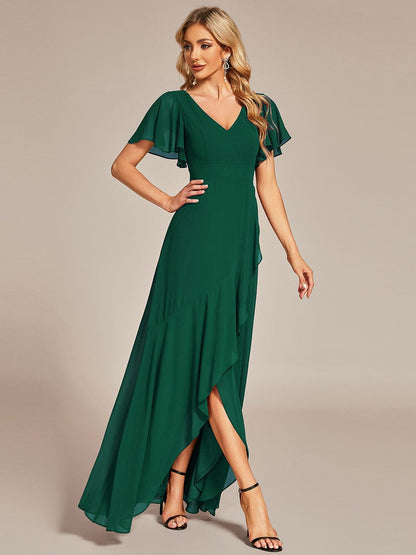 Elegant V Neck High Low Ruffled Chiffon Bridesmaid Gowns