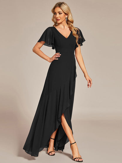 Elegant V Neck High Low Ruffled Chiffon Bridesmaid Gowns